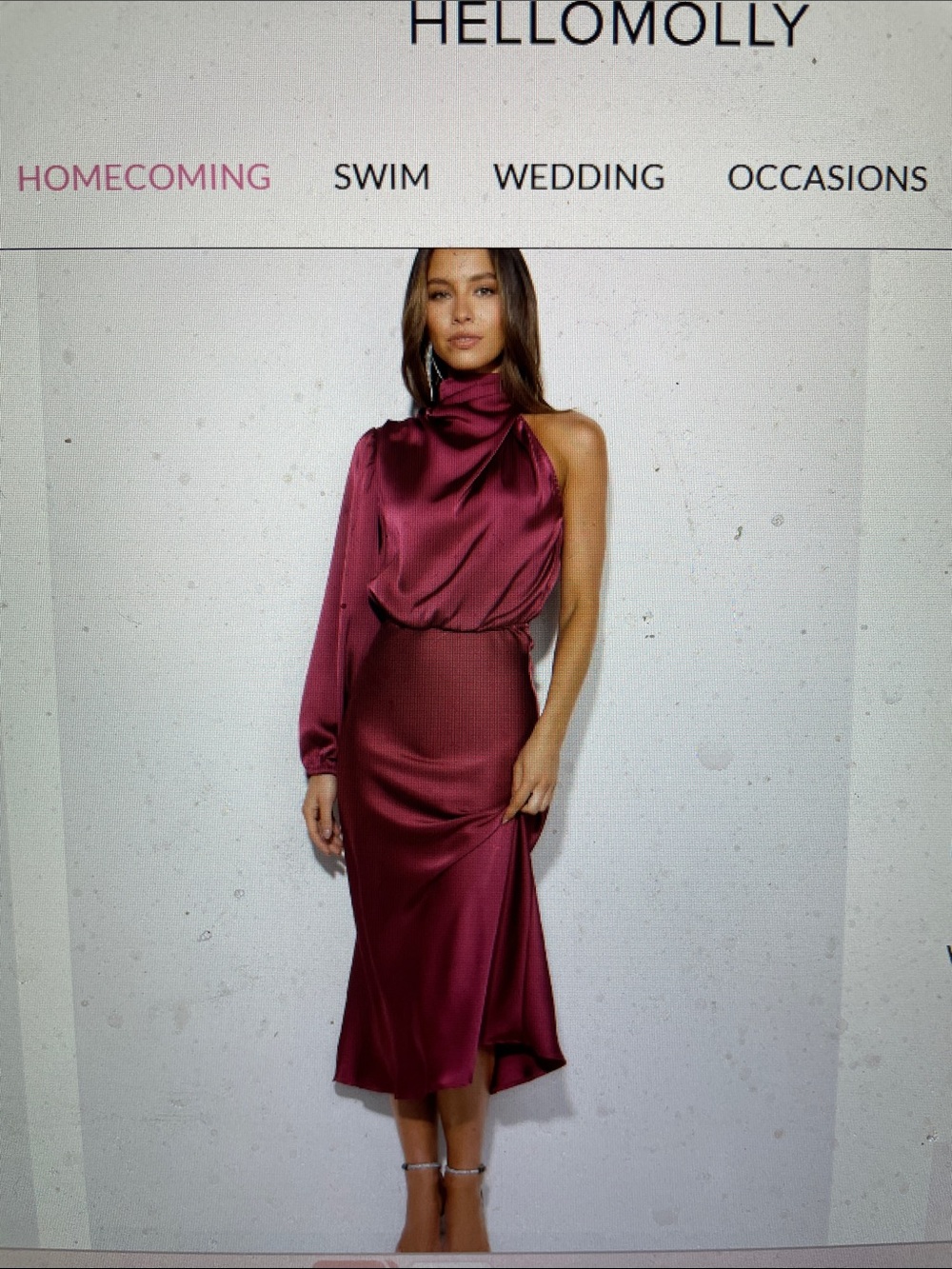 Hello Molly One-Shoulder everything you love Satin Midi Dress in Wine- nwt